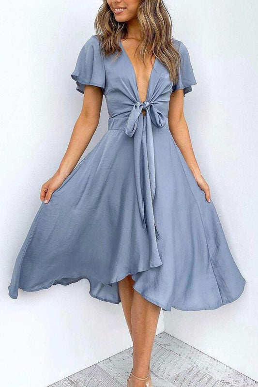 Deep V Neck Flutter Sleeve High Waist Flare Midi Dress