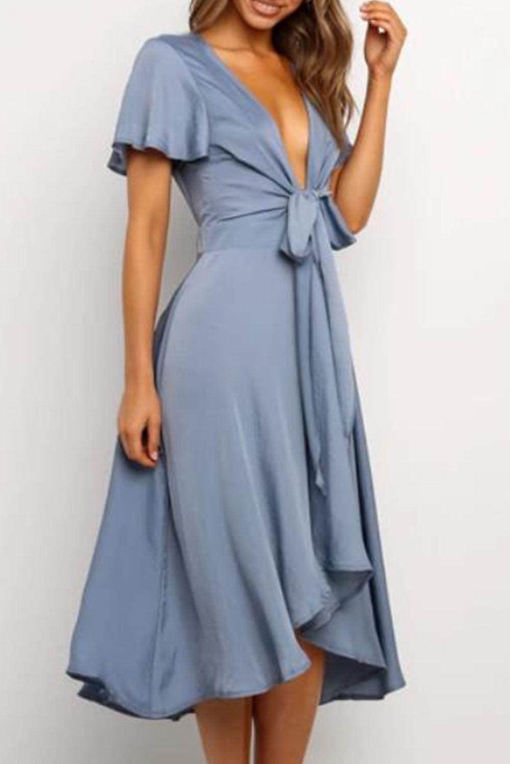 Deep V Neck Flutter Sleeve High Waist Flare Midi Dress