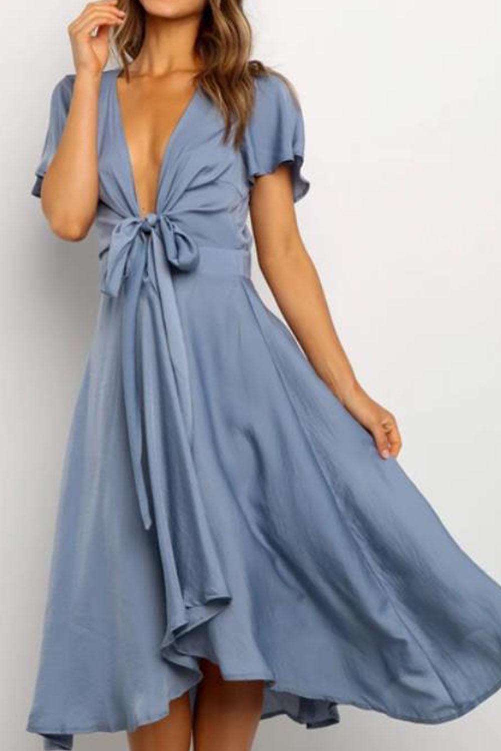 Deep V Neck Flutter Sleeve High Waist Flare Midi Dress