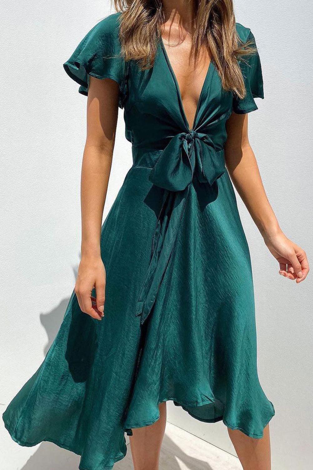 Deep V Neck Flutter Sleeve High Waist Flare Midi Dress