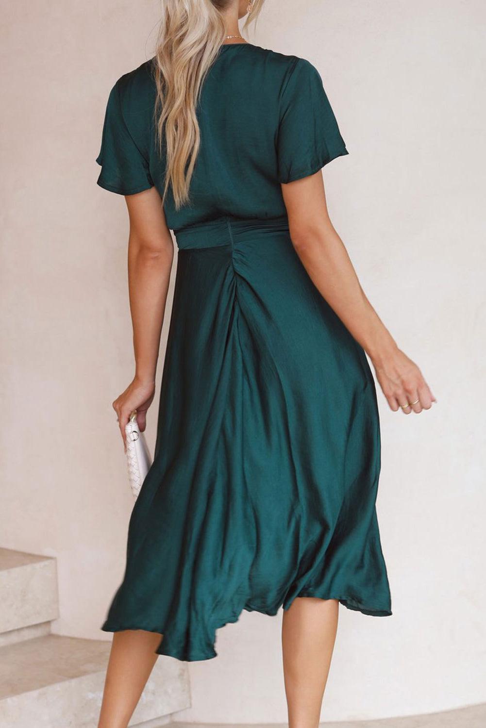 Deep V Neck Flutter Sleeve High Waist Flare Midi Dress
