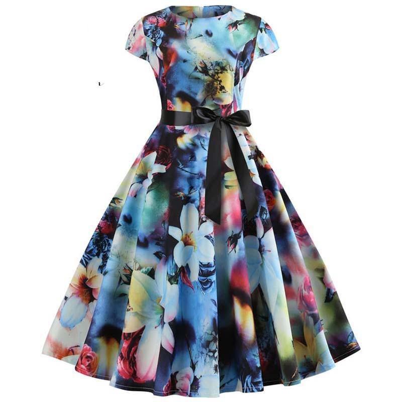Women Vintage Summer Dress 50s 60s Swing Retro Plus Size Elegant Party Dresses