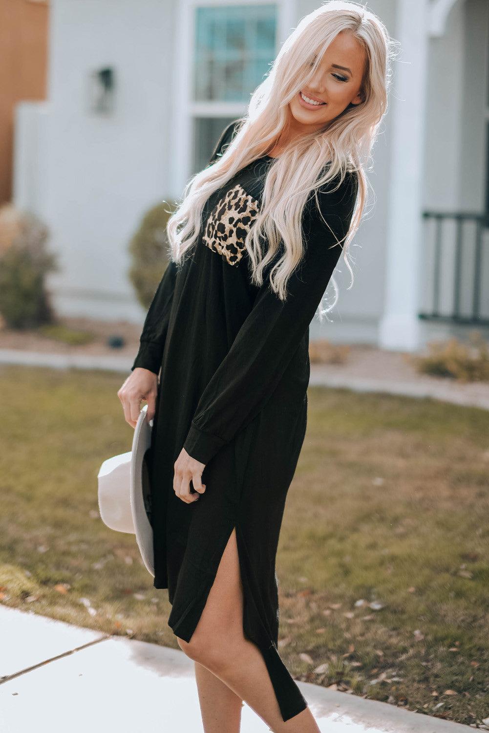 Leopard Patch Side Split Long Sleeve Midi Dress