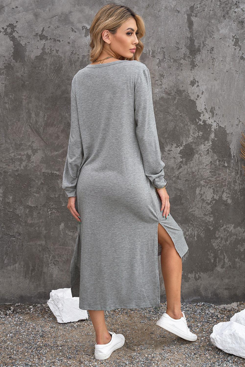 Leopard Patch Side Split Long Sleeve Midi Dress