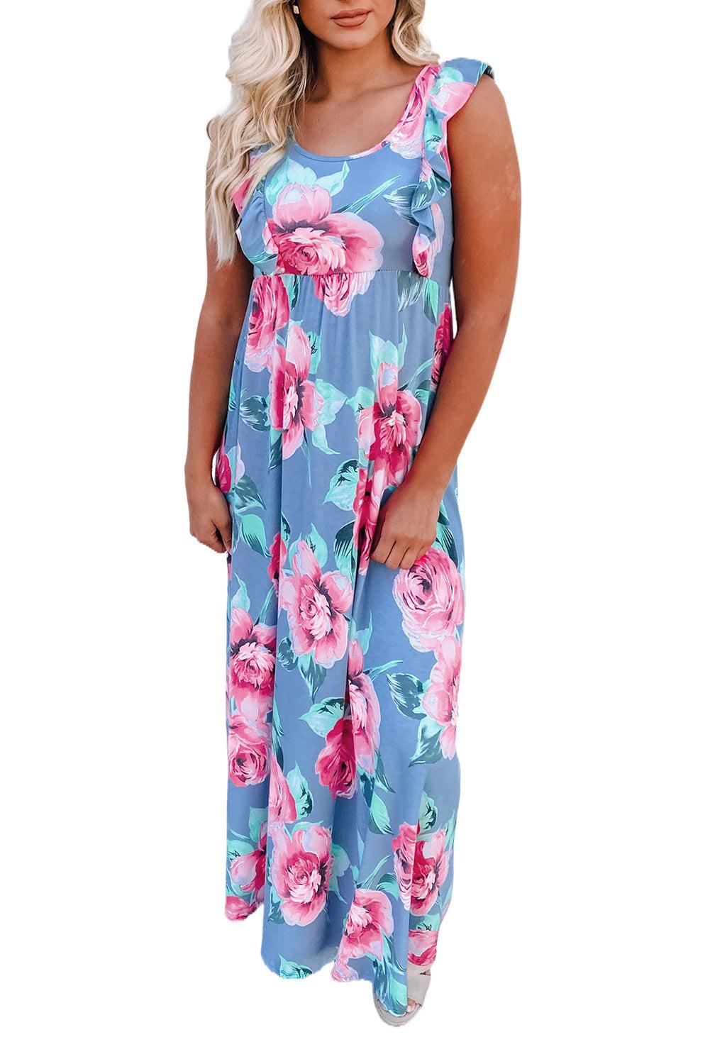Ruffle Sleeveless High Waist Floral Maxi Dress