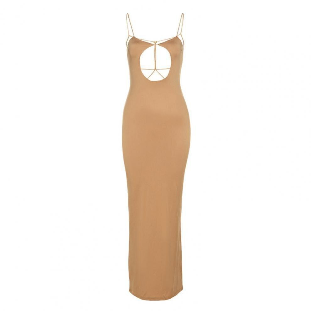 Low Collar Front Hollow Back Lace-Up Maxi Dress Sling Backless Bodycon Women Long Dress Club Wear