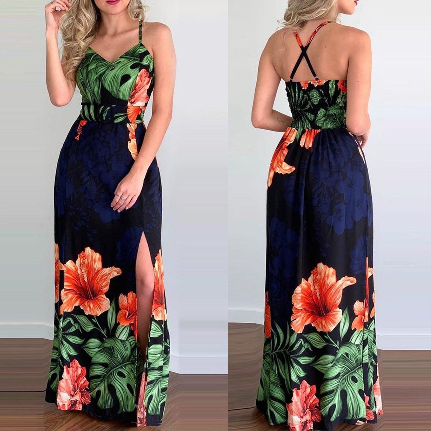 Summer Vintage V-neck Floral Long Dress Women  Slim Sleeveless Backless Party Dress Elegant Cross Spaghetti Strap Maxi Dress