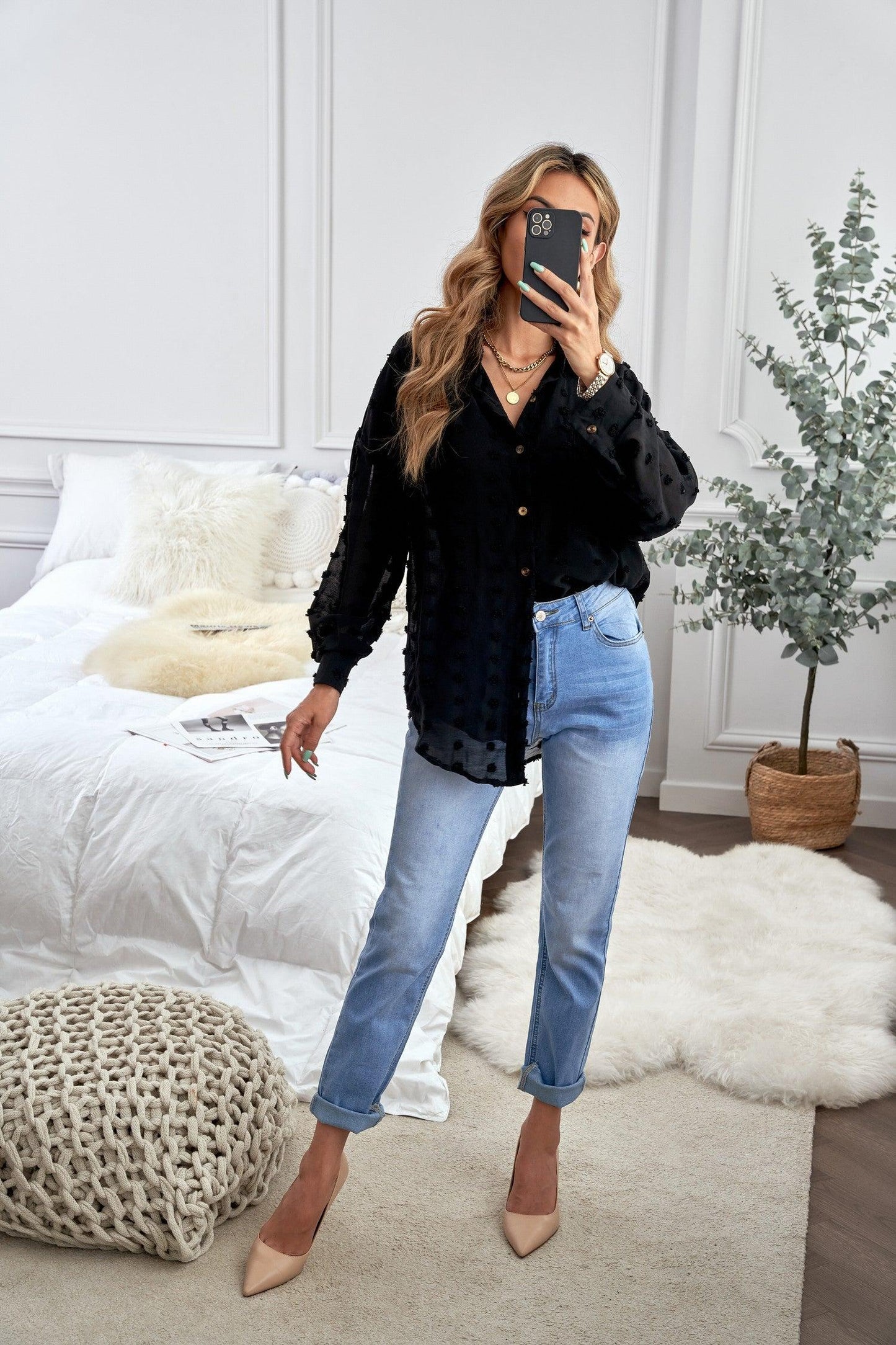 Swiss Dot Buttoned Pocket Long Sleeve Shirt