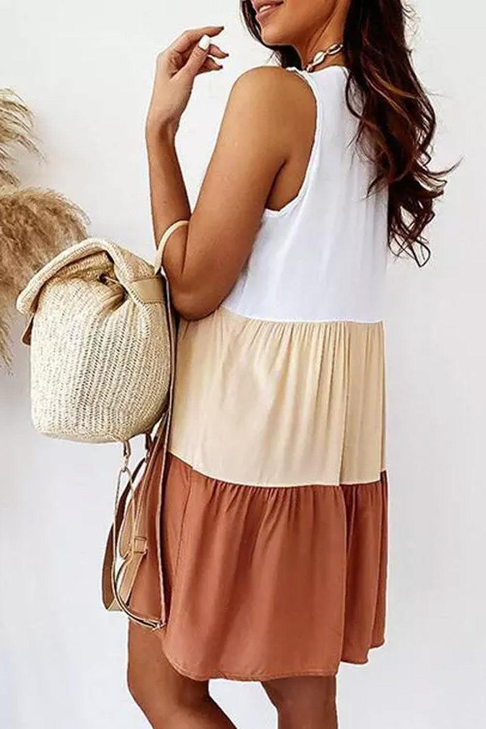 V Neck Colorblock Sleeveless Babydoll Tiered Dress