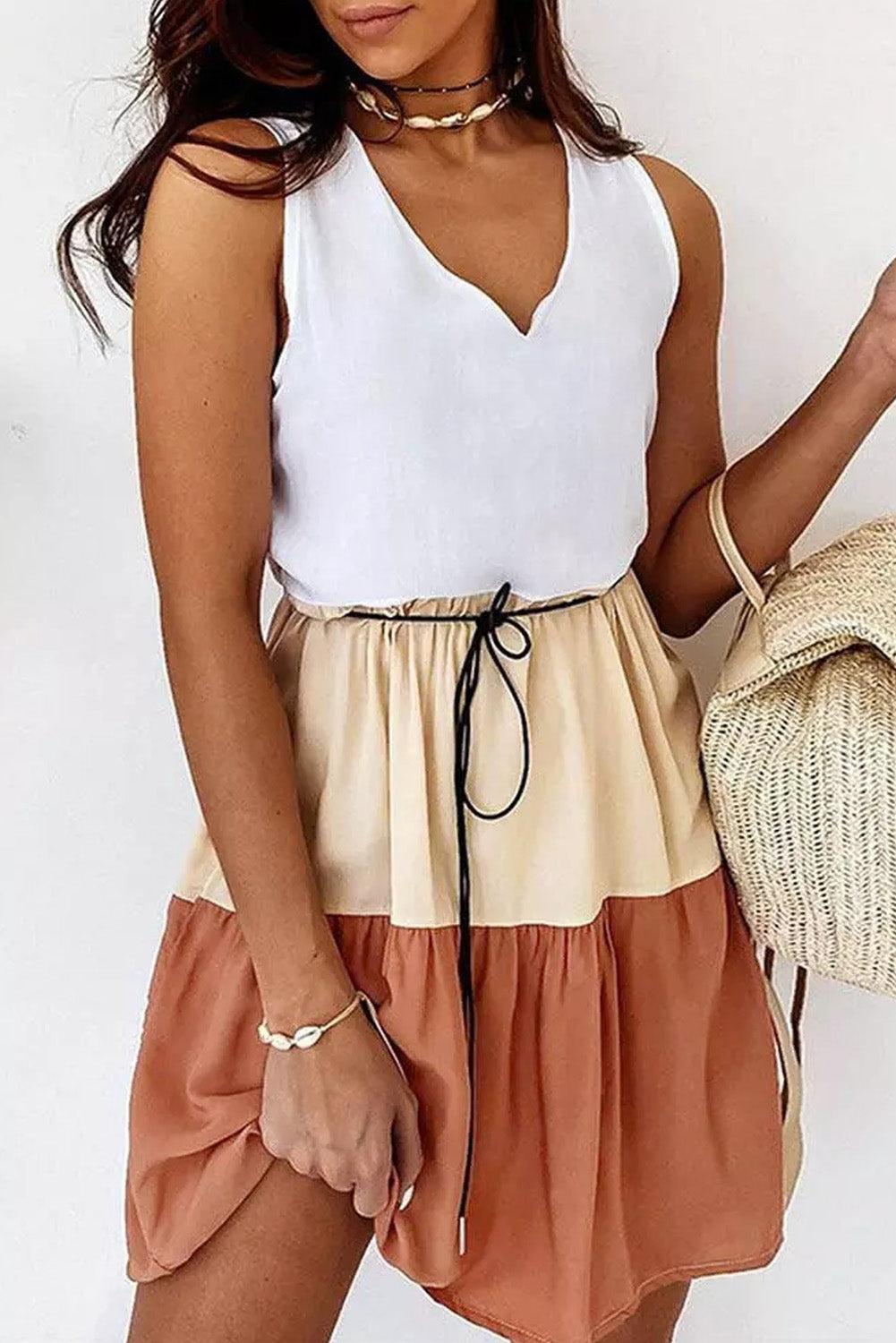 V Neck Colorblock Sleeveless Babydoll Tiered Dress