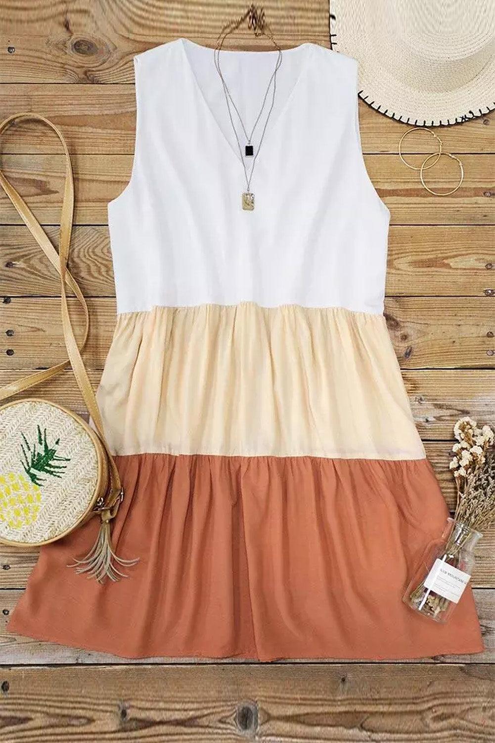 V Neck Colorblock Sleeveless Babydoll Tiered Dress