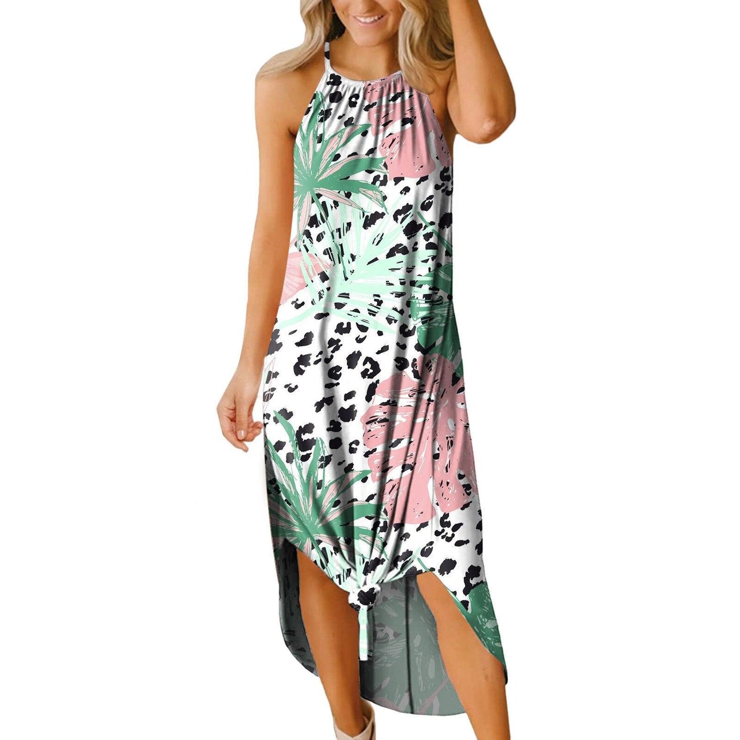 Women Dress Summer 2022 Casual Sleeveless Halter Beach Long Sundress Round Neck Sling Fashion Printed Side Split Maxi Dresses