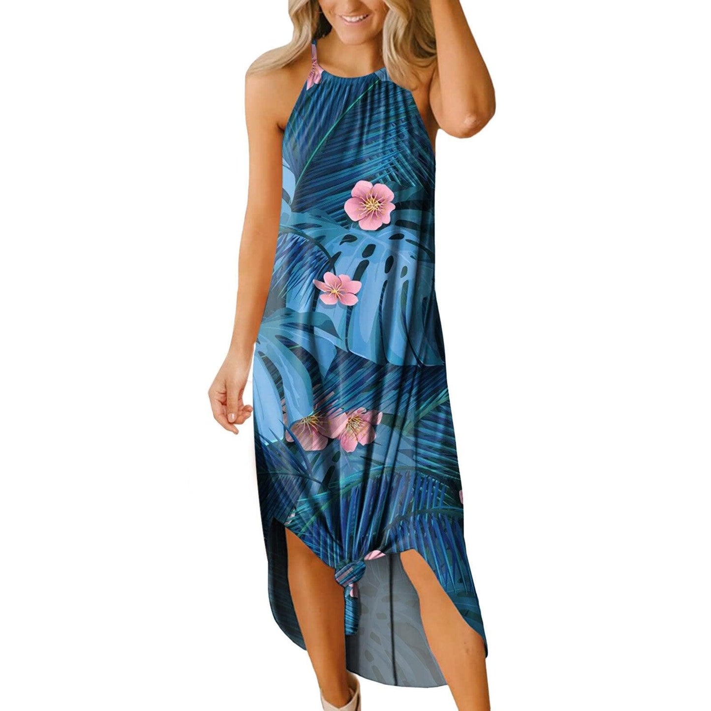 Women Dress Summer 2022 Casual Sleeveless Halter Beach Long Sundress Round Neck Sling Fashion Printed Side Split Maxi Dresses