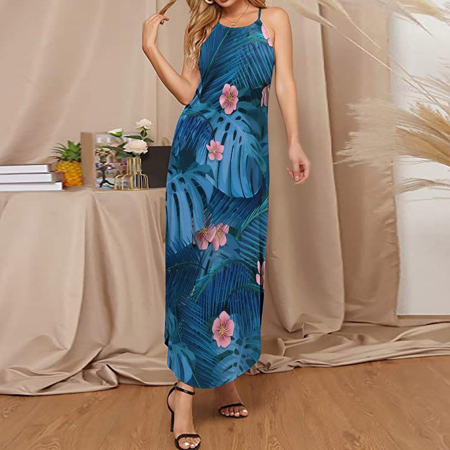 Women Dress Summer 2022 Casual Sleeveless Halter Beach Long Sundress Round Neck Sling Fashion Printed Side Split Maxi Dresses
