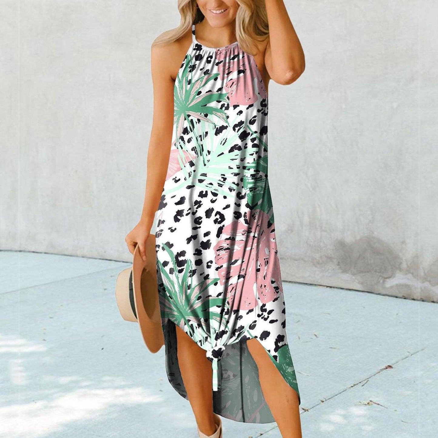 Women Dress Summer 2022 Casual Sleeveless Halter Beach Long Sundress Round Neck Sling Fashion Printed Side Split Maxi Dresses