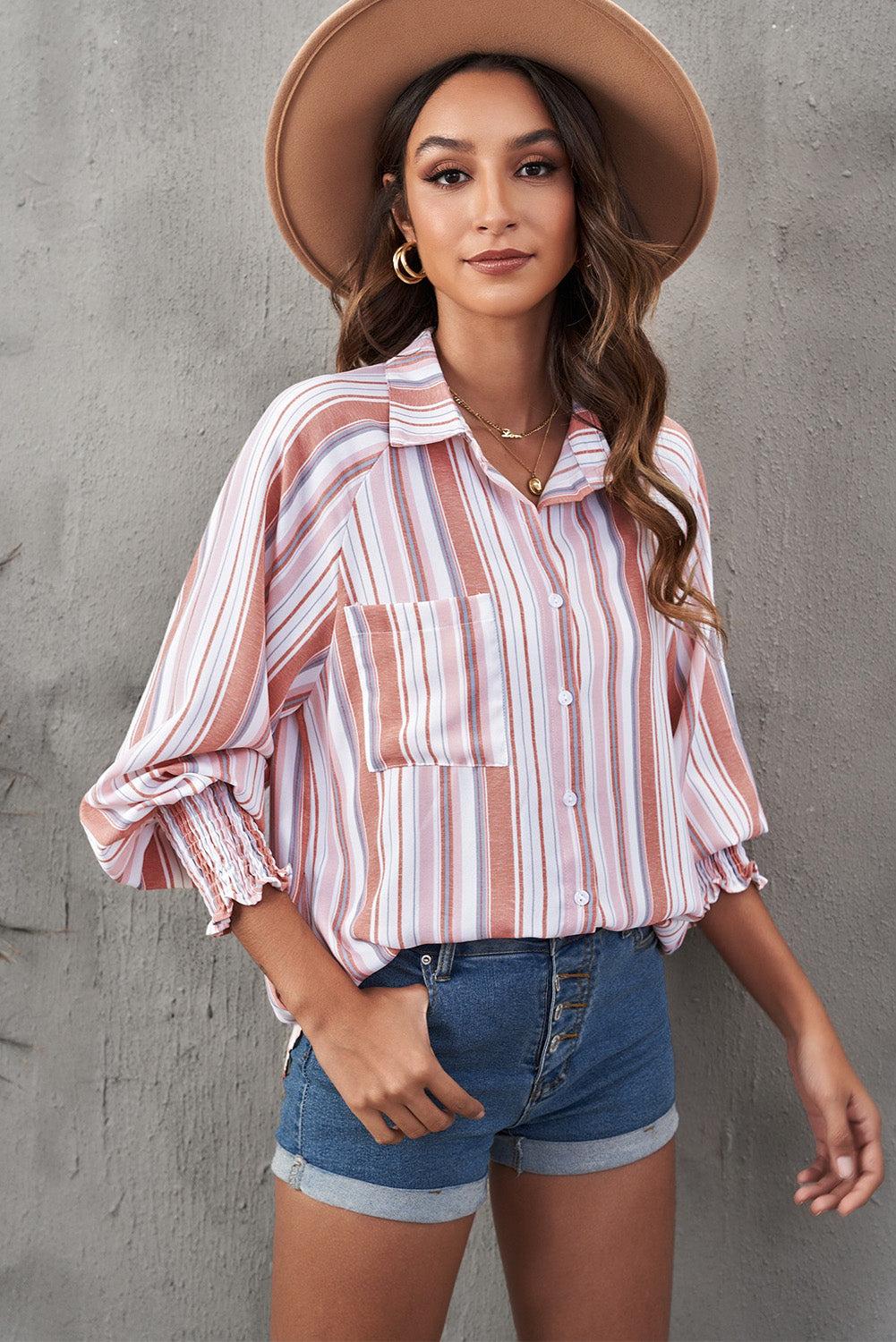 Pocketed Striped Button Shirt with Slits
