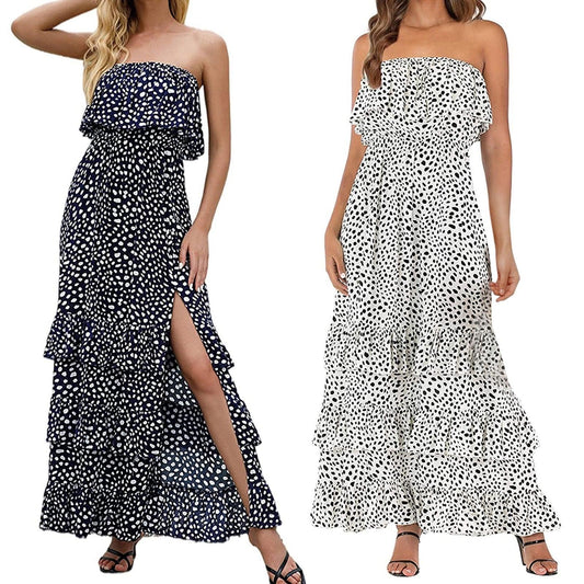 Summer Vacation High Waist Split Maxi Dress Women's Floral Prints Ruffle Hem Strapless Bohemian Long Dreess Floor-Length Dress