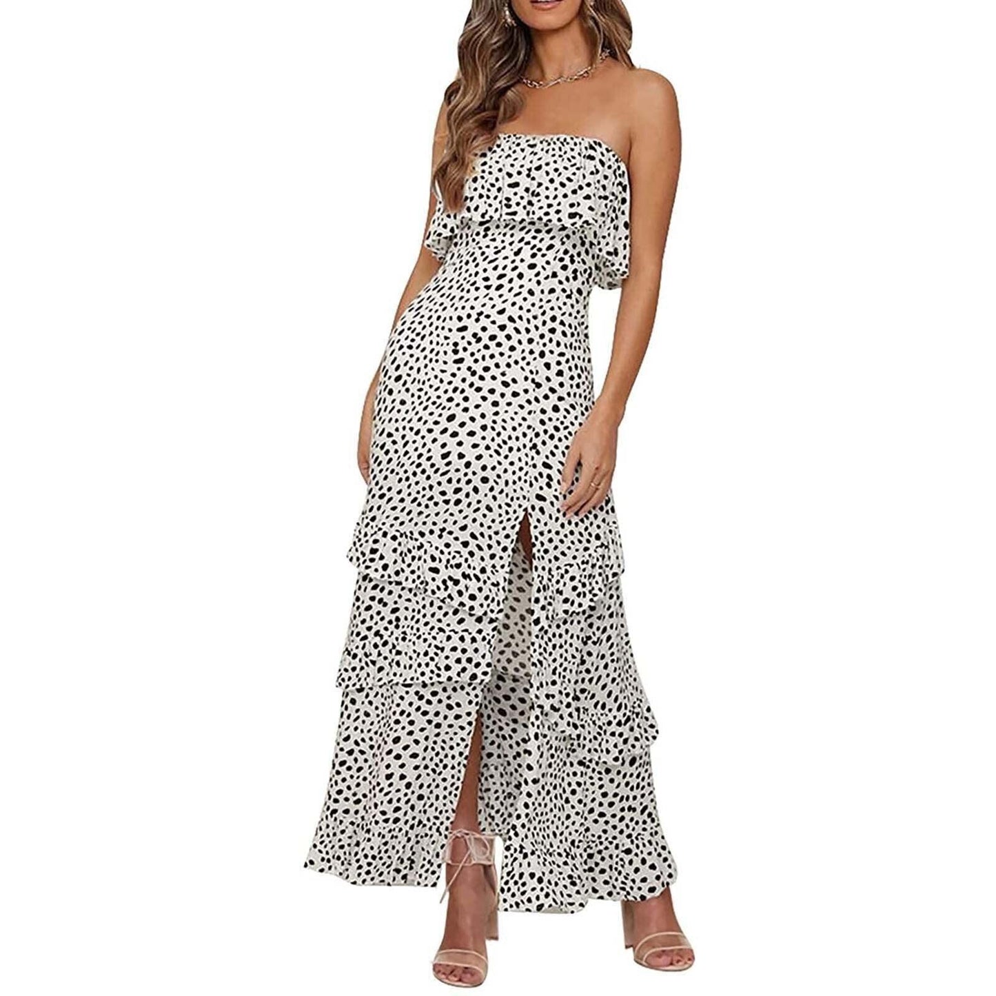 Summer Vacation High Waist Split Maxi Dress Women's Floral Prints Ruffle Hem Strapless Bohemian Long Dreess Floor-Length Dress