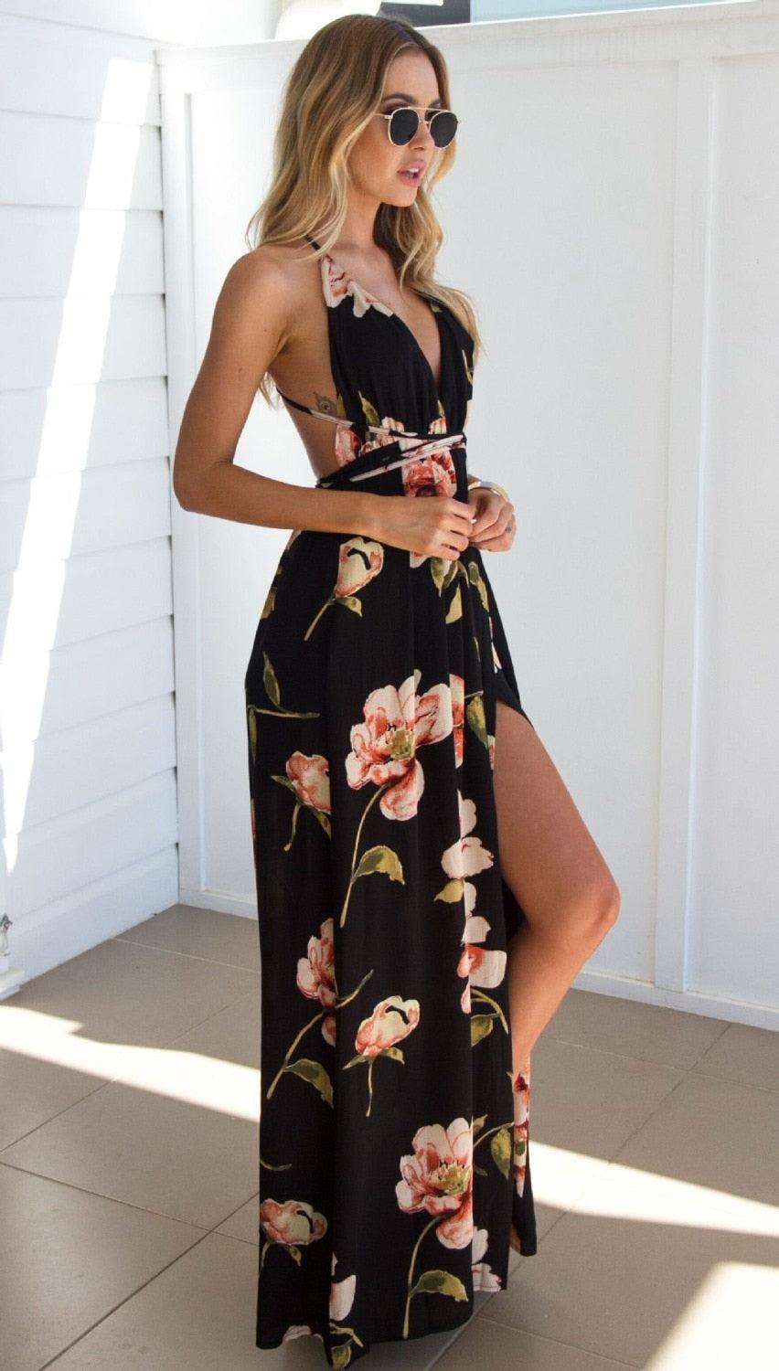 Summer dress 2020 Floral Vestidos Mujeres  Maxi Dress Long Pleated Dresses Backless robe femme robe longue evenning-dress