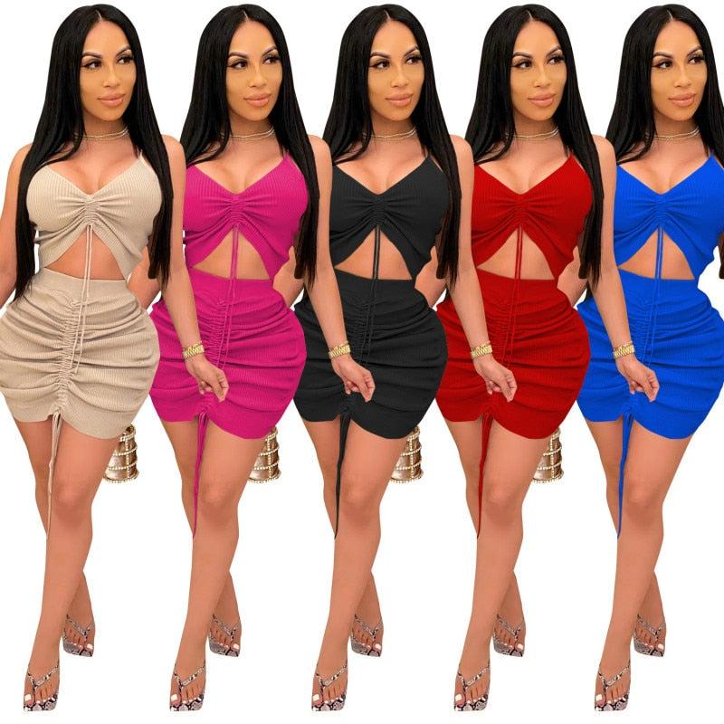 Two Piece Women Solid Sheath Drawstring Draped Set Sleeveless Crop Top High Waist Mini Skirt Female  Fashion Party Outfits