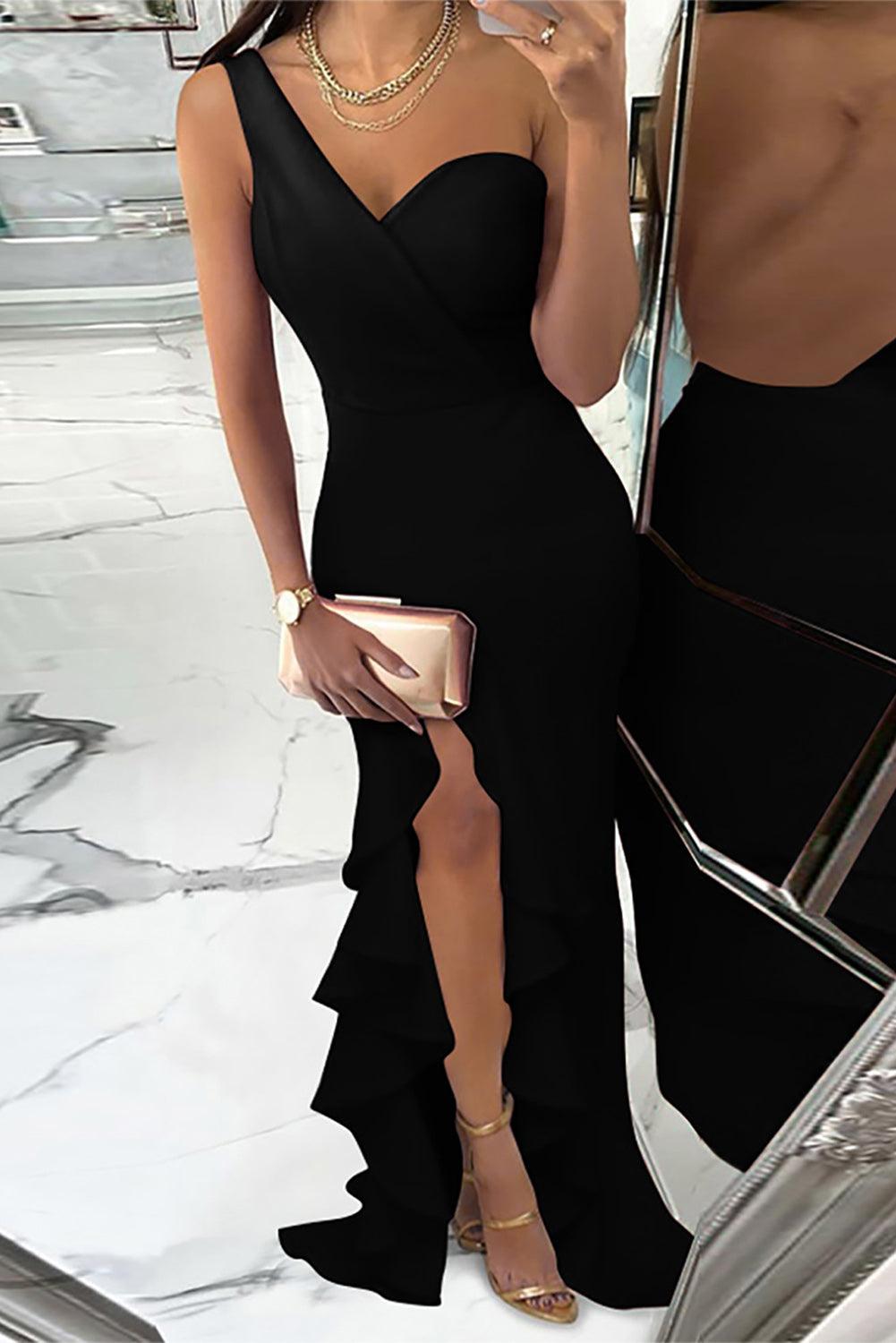 One-shoulder Cascading Split Evening Party Maxi Dress