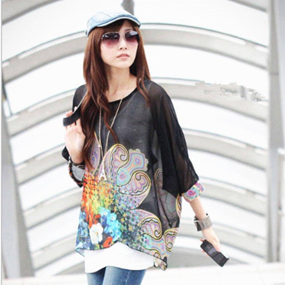 Batwing Sleeve Sheer Chiffon Bohemian Tee Oversized Blouse