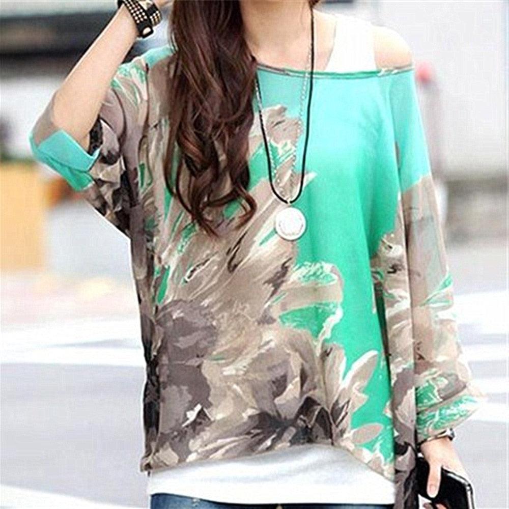 Batwing Sleeve Sheer Chiffon Bohemian Tee Oversized Blouse