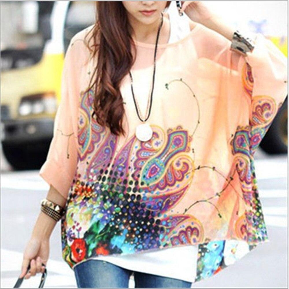 Batwing Sleeve Sheer Chiffon Bohemian Tee Oversized Blouse