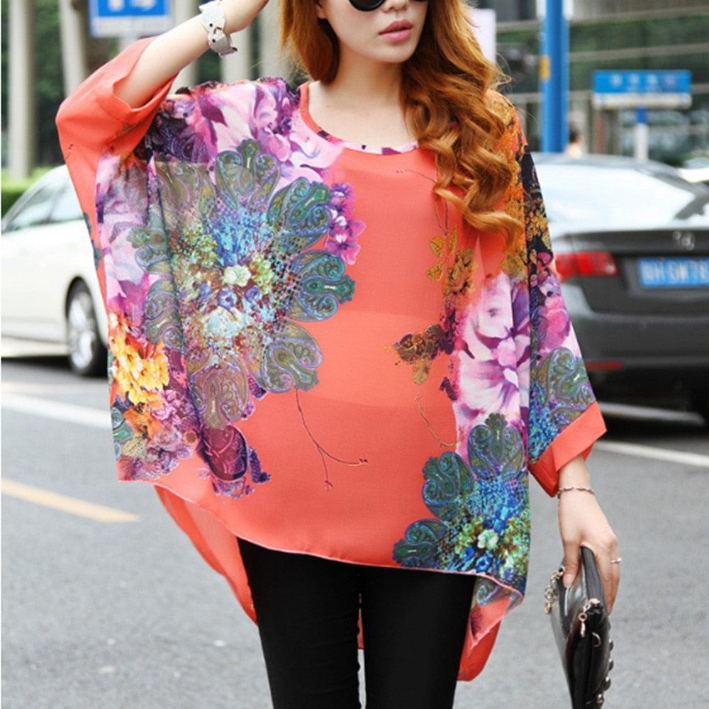 Batwing Sleeve Sheer Chiffon Bohemian Tee Oversized Blouse