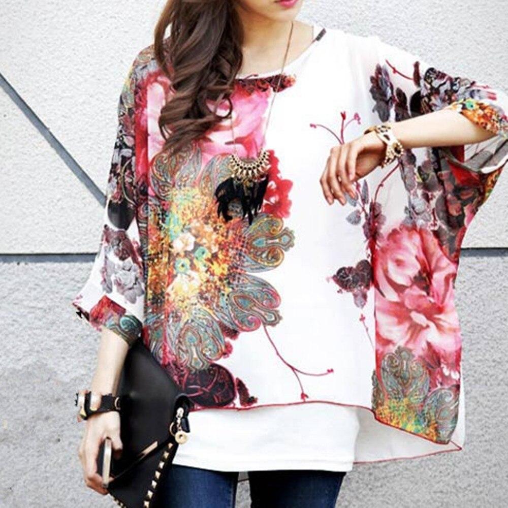 Batwing Sleeve Sheer Chiffon Bohemian Tee Oversized Blouse