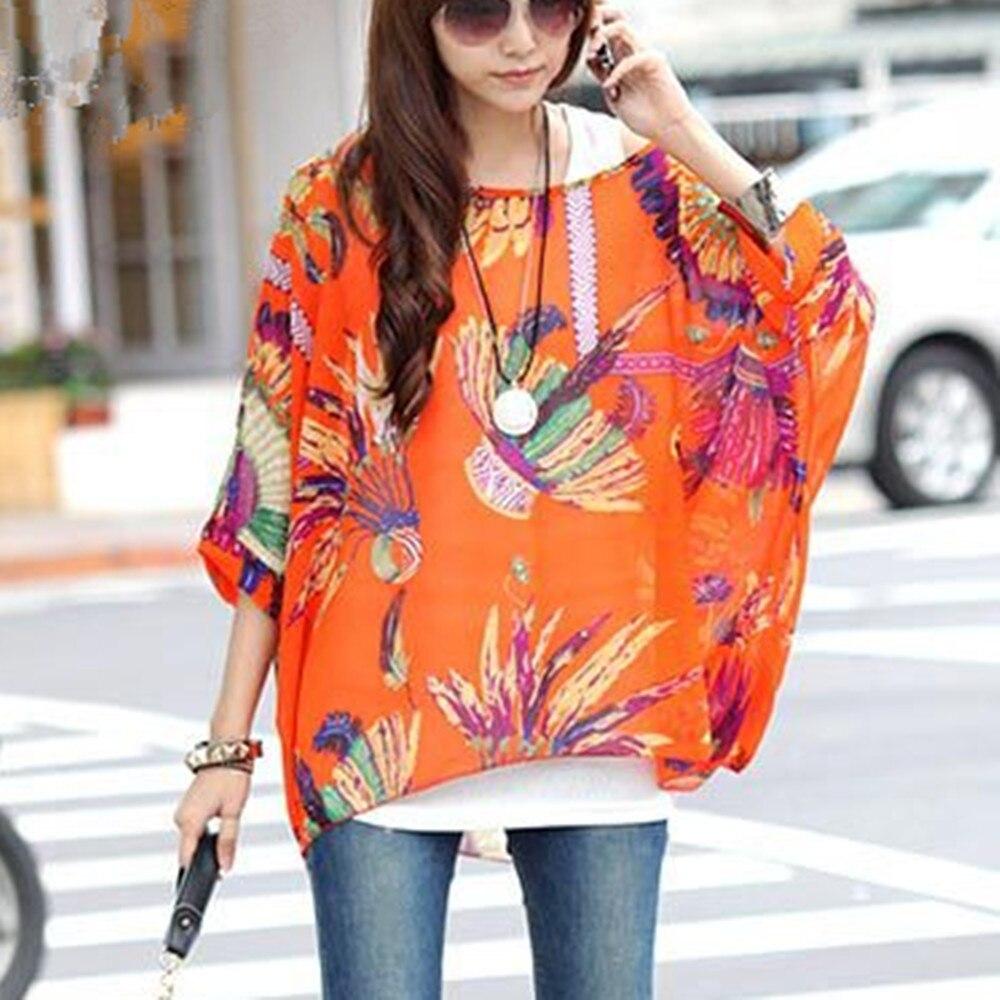 Batwing Sleeve Sheer Chiffon Bohemian Tee Oversized Blouse
