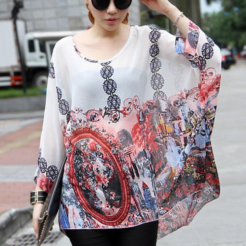 Batwing Sleeve Sheer Chiffon Bohemian Tee Oversized Blouse