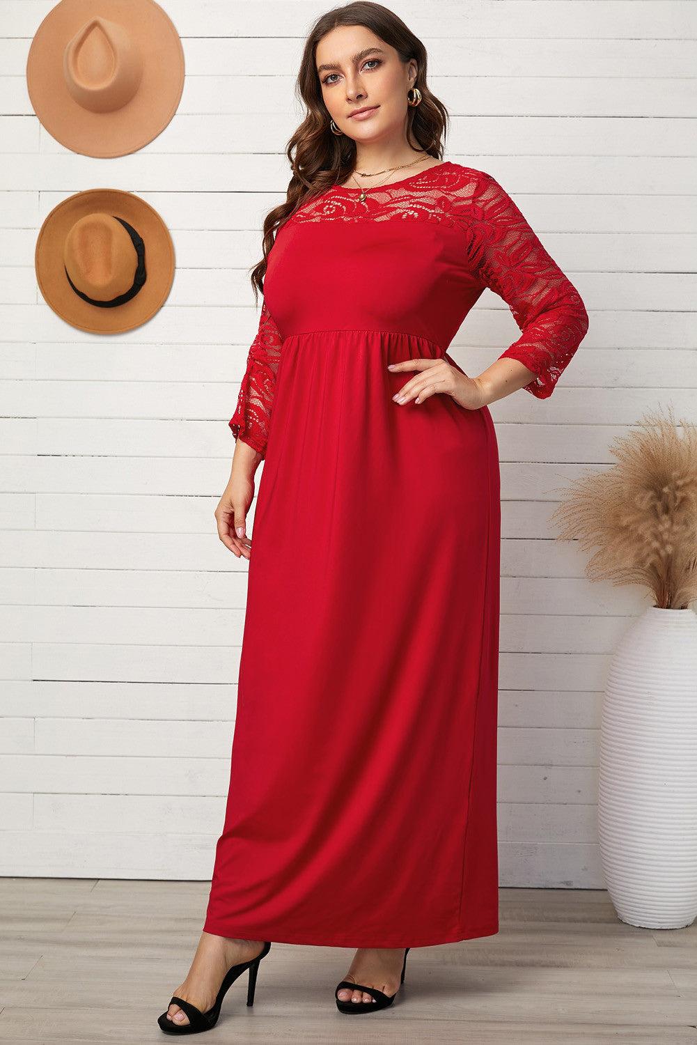 Plus Size 3/4 Lace Sleeve Yoke Maxi Dress