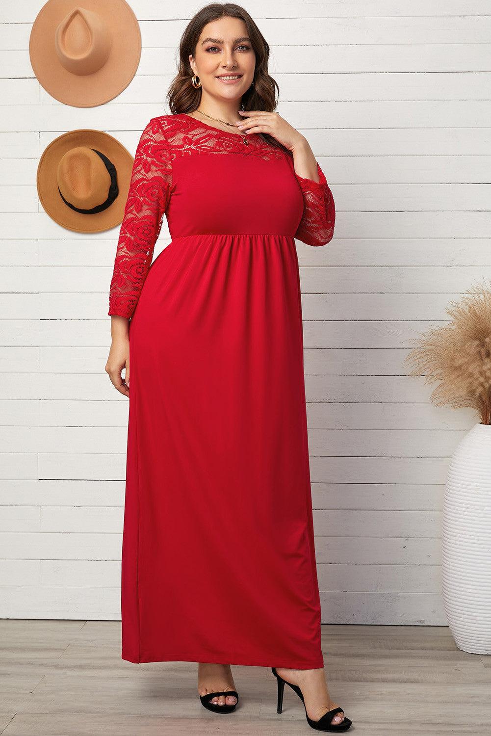 Plus Size 3/4 Lace Sleeve Yoke Maxi Dress