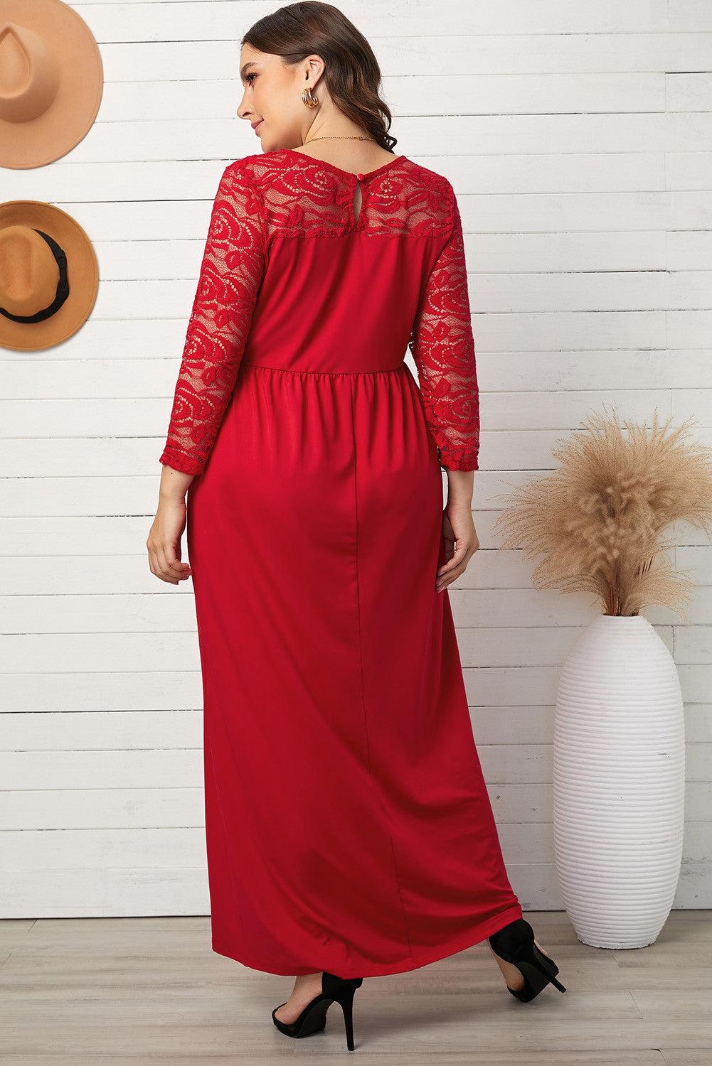 Plus Size 3/4 Lace Sleeve Yoke Maxi Dress