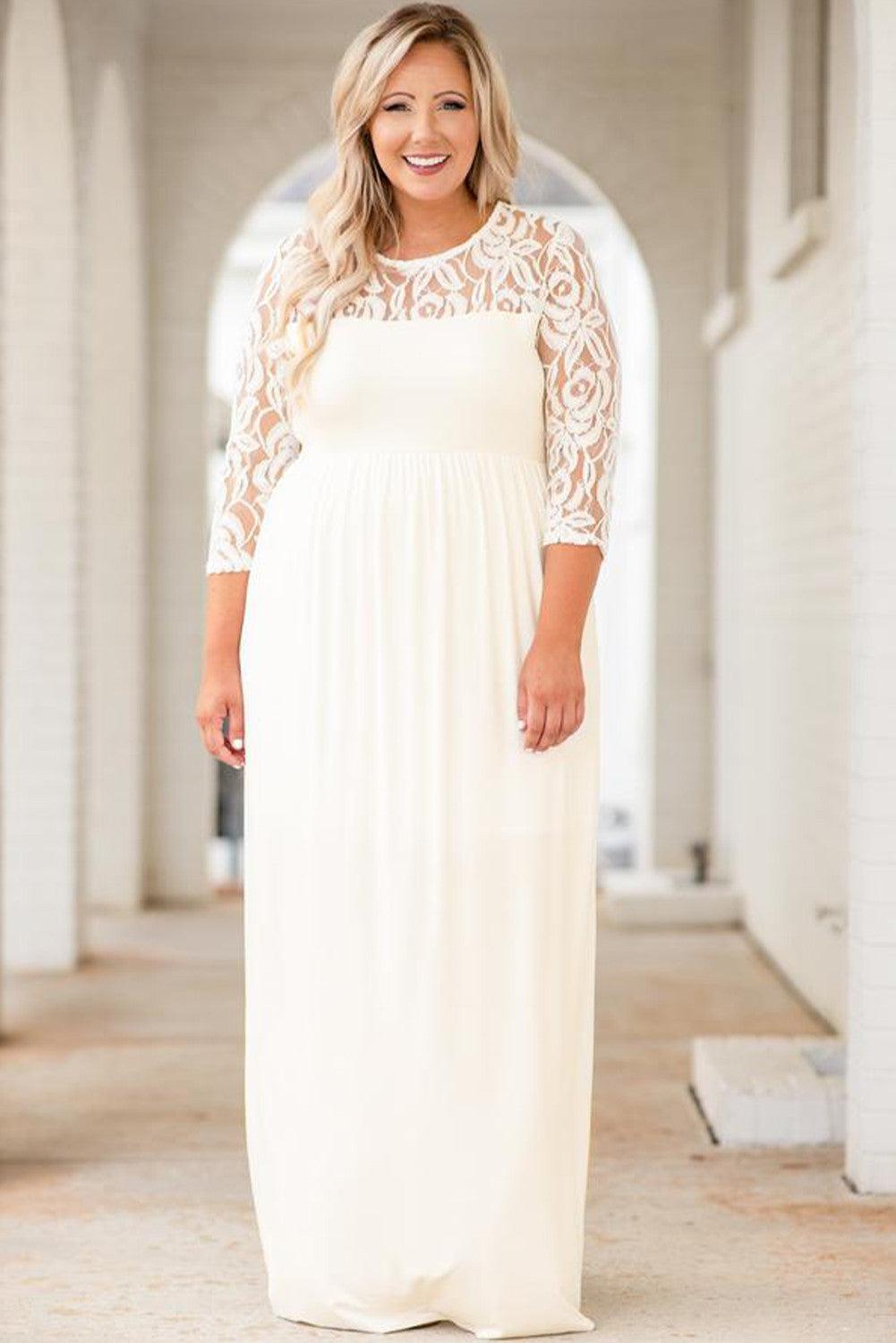Plus Size 3/4 Lace Sleeve Yoke Maxi Dress