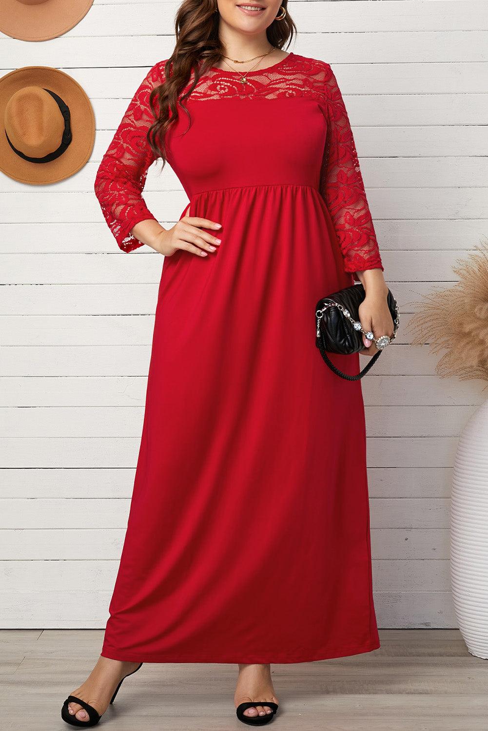 Plus Size 3/4 Lace Sleeve Yoke Maxi Dress