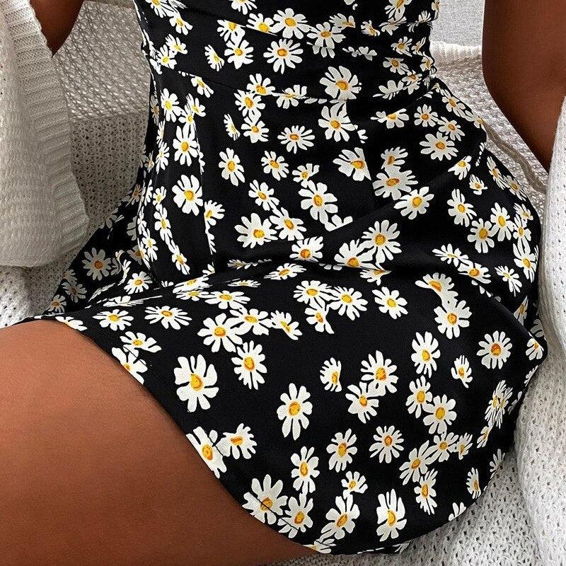 Puloru New Women Daisy Printed Suspender Short Dress Fashion Elegant Sling High Waist Mini A-line Dress Summer Party Clothes