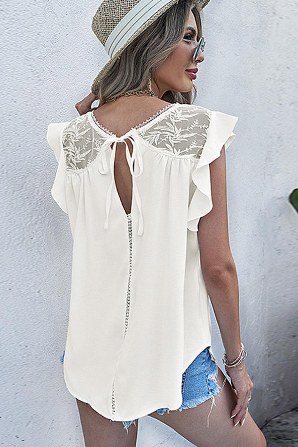 Floral Lace Yoke Pleated Flowy Top