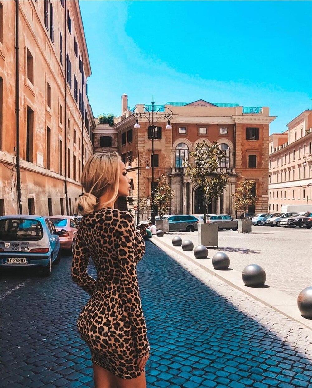Women  Leopard Printed Dress Long Sleeve High Neck Bodycon Mini Dress Fashion Evening Party Spring Summer Dresses