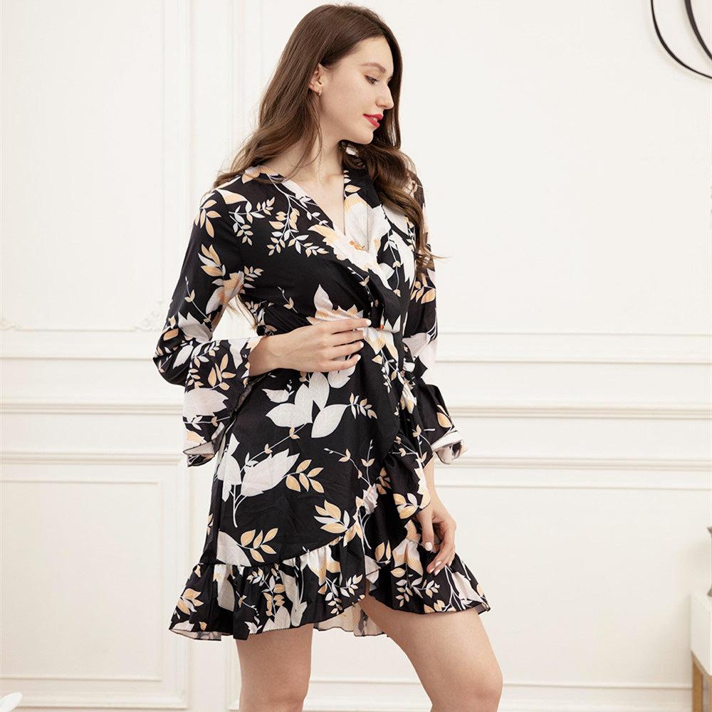 Women Beach Dress Deep V Printed Dress Cinched Waist Slim-fit Long Sleeve Mini Dress