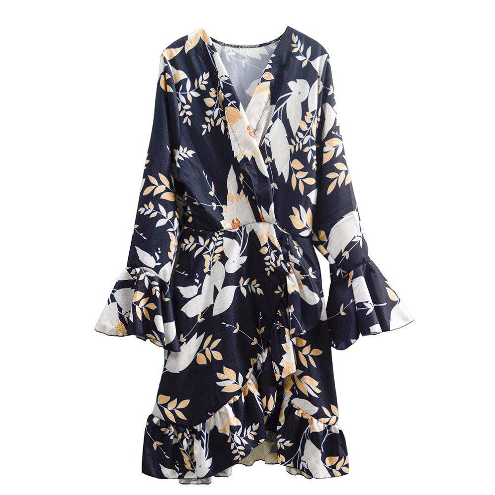 Women Beach Dress Deep V Printed Dress Cinched Waist Slim-fit Long Sleeve Mini Dress