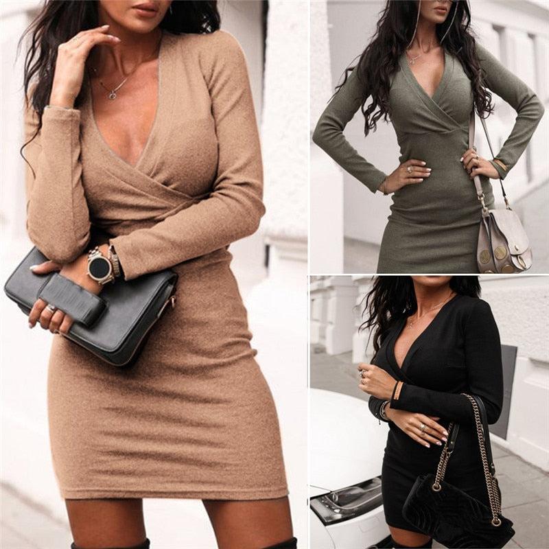 Women Long Sleeve Deep V Neck Jumper Dress