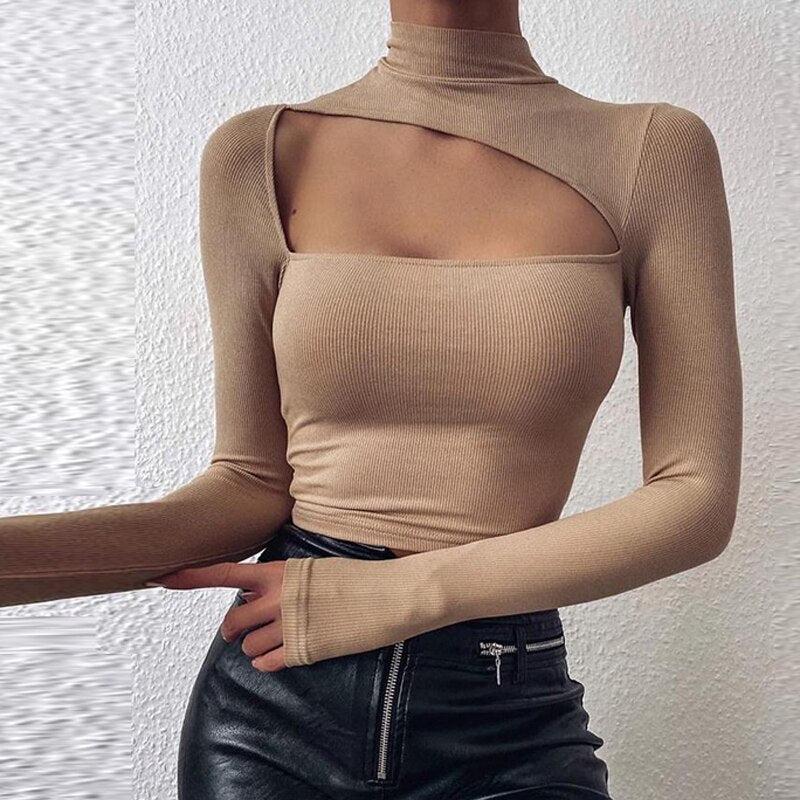Off Shoulder Chain Strap Bodycon Blouse Women Hollow Out Long Sleeve Turtleneck Pullover Top