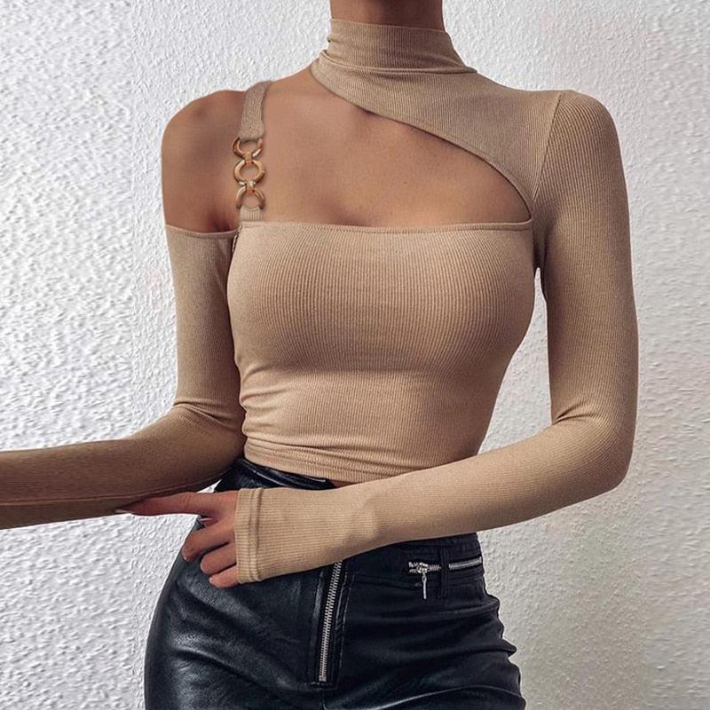Off Shoulder Chain Strap Bodycon Blouse Women Hollow Out Long Sleeve Turtleneck Pullover Top