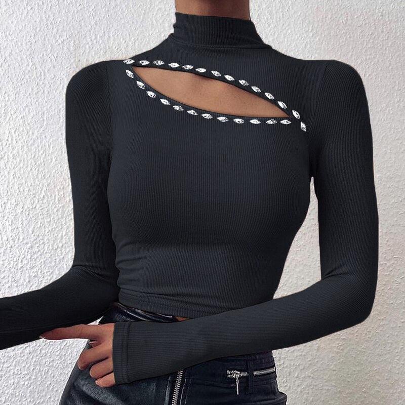 Off Shoulder Chain Strap Bodycon Blouse Women Hollow Out Long Sleeve Turtleneck Pullover Top
