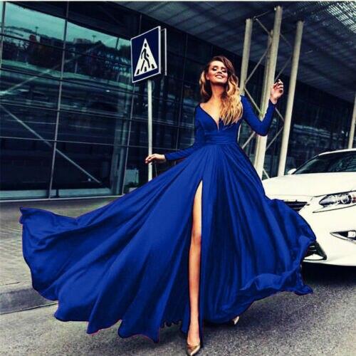 Asymmetrical Dress Ladies Deep V-Neck Long Sleeve Split Wedding Bridesmaid Maxi Dress