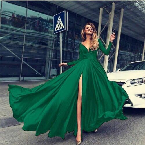 Asymmetrical Dress Ladies Deep V-Neck Long Sleeve Split Wedding Bridesmaid Maxi Dress