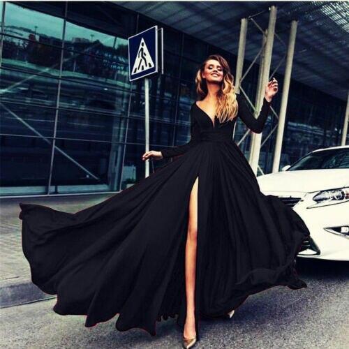 Asymmetrical Dress Ladies Deep V-Neck Long Sleeve Split Wedding Bridesmaid Maxi Dress