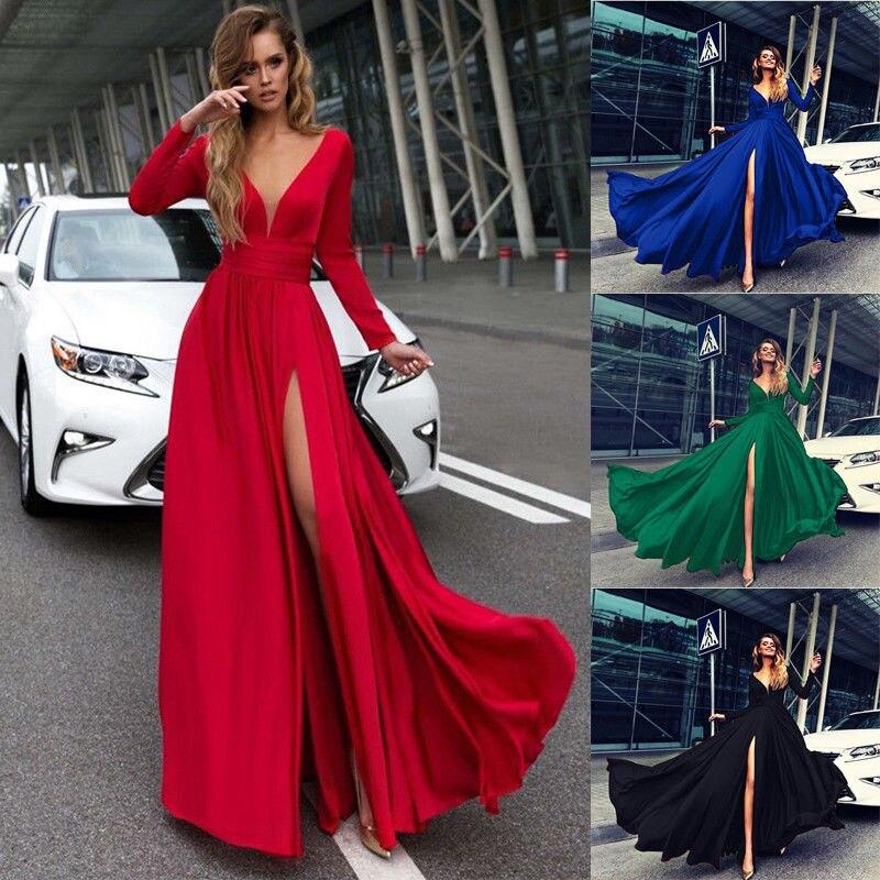 Asymmetrical Dress Ladies Deep V-Neck Long Sleeve Split Wedding Bridesmaid Maxi Dress